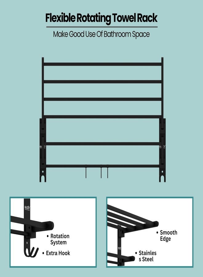 Gloxy Towel Rack in Bathroom | Stainless Steel Towel Holder in Bathroom | Folding Wall Mounted Towel Rack with Shelf - Durable, Space-Saving Foldable Towel Holder - Black Mat Finish (Non-Adhesive) - Image 5